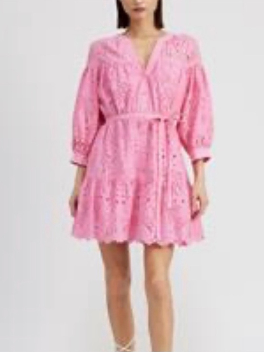 En Saison Pink Eyelet Lace Belted V-Neck Mini Dress